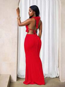 Conjunto de top halter metálico calado y minifalda para mujer - Rojo - Ver 2