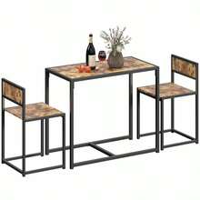 Dining Table And Chairs Set 2, Dining Room Sets, Rectangular Space Saving Table And 2 Chairs For Compact Kitchens, Steel Frame, Grey Wood-Effect - Rustic Brown - View 1