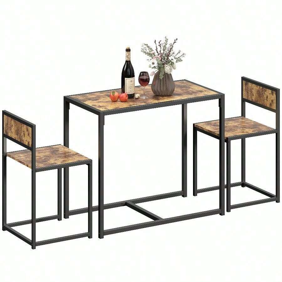 Dining Table And Chairs Set 2, Dining Room Sets, Rectangular Space Saving Table And 2 Chairs For Compact Kitchens, Steel Frame, Grey Wood-Effect - Rustic Brown - View 1