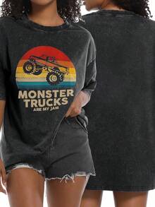 Cool Vintage Monster Truck Are My Jam Retro Sunset  Acid Wash Black Oversized T Shirt Men Women Streetwear Loose Fit Crew Neck Basic Tee For All Seasons Cosplay, - màu đen - Xem 2