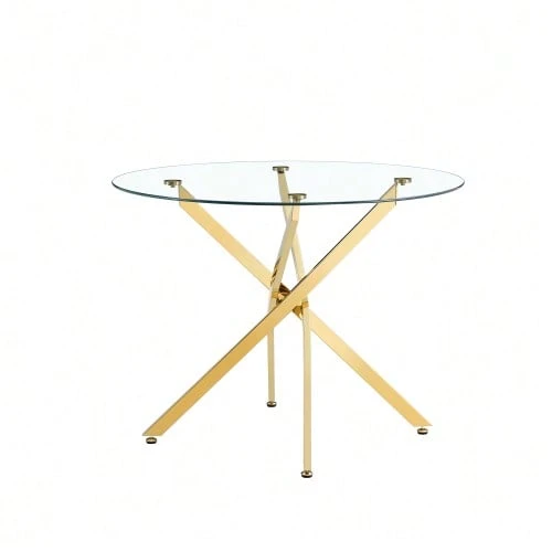 A Luxurious Yet Lightweight Round Dining Table, 88 Cm In Diameter. A Simple Table With A Tempered Glass Top And Silver Metal Frame, Ideal For Small Apartments, Homes, And Dining Rooms. Seats 2-4 People. - 金色 - 查看 1