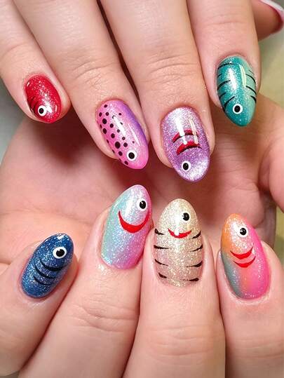 24 piezas de uñas postizas de colores con diseño de peces, de forma almendrada y de tamaño mediano, uñas falsas de verano, uñas postizas con efecto ojo de gato y brillo, para arte de manicura de mujeres