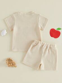 Toddler Boys Cotton Shorts Set Apple Letter Embroidered Casual Preppy Summer Back To School Outfits - Apricot - View 7