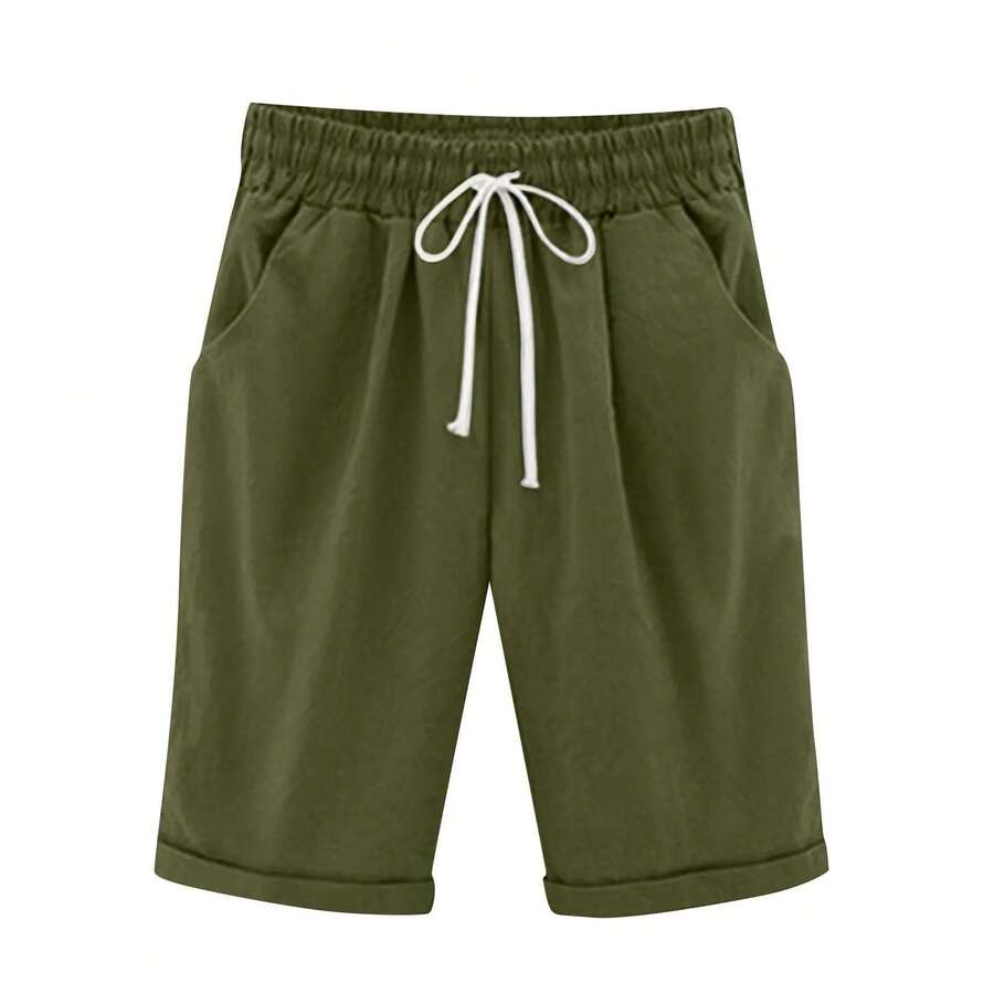 Pantalones sencillos transpirables de cintura media para verano, pantalones de cinco puntos informales y versátiles, finos, de Color sólido, para verano - Verde militar - Ver 1