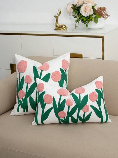 1pc Pink Tulip Floral Tufted Pillow Covers, Nordic Fresh Embroidery Cushion Cases, Soft Cotton Linen Square Lumbar Throw Pillowcases, NO INSERT, For Living Room Sofa Bedroom Spring Home Decoration 45x45cm/30x50cm