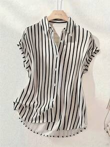This Casual And Fashionable Women's Striped Polyester Shirt Features A Button-Up Collar, Short Batwing Sleeves, And A Front-Short-Back-Long Regular Length Design. Summer - Black and White - View 4