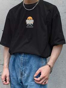 Cute Cartoon Print Off-Shoulder Short-Sleeved T-Shirt, Suitable For Casual Wear. - 黑色的 - 查看 3