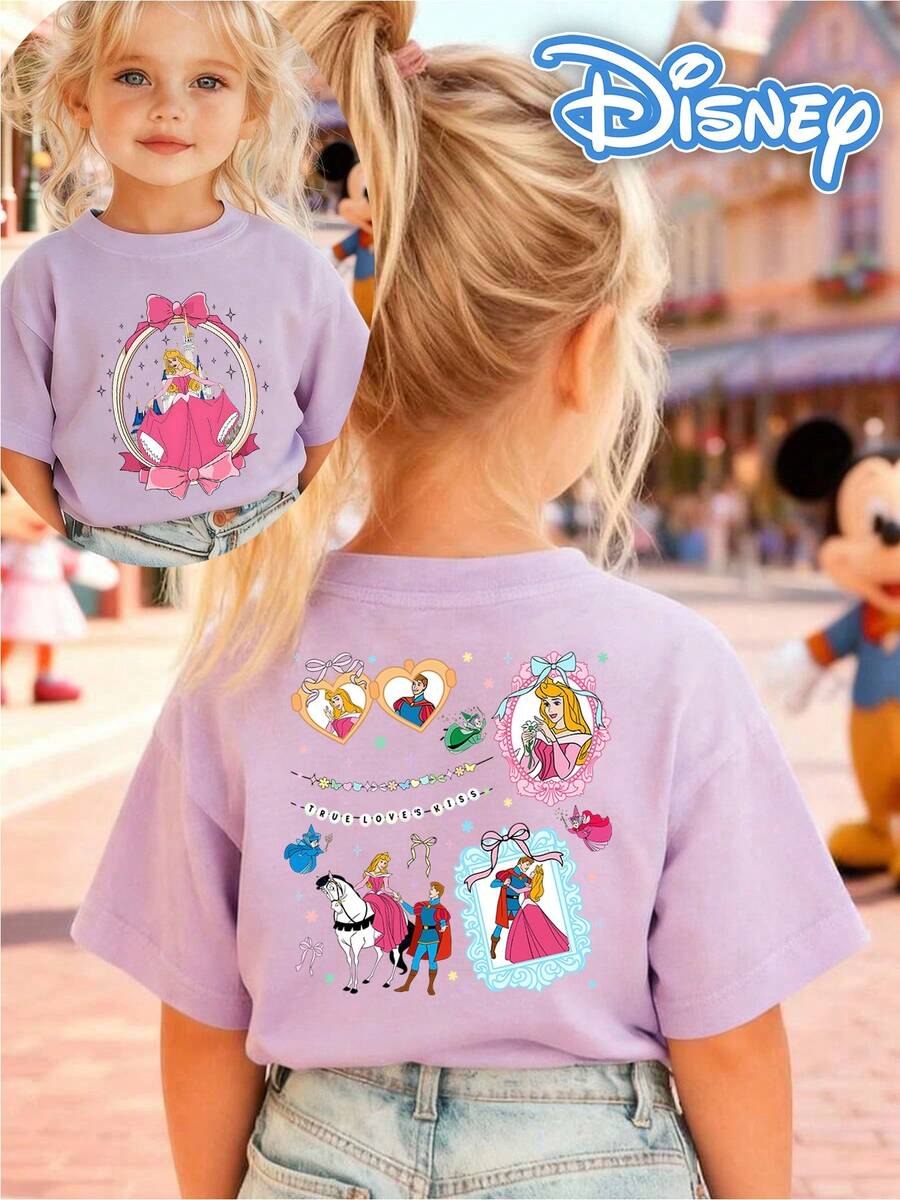 [Disney Authorized] Front: Aurora With Castle, Bow, Star Elements Back: Aurora And Prince Philip With Forest Animal Elements And Text "TRUE LOVE'S KISS" Double-Sided Print Pattern Girls' T-Shirt - Children's Clothing Design Short-Sleeve Casual Cute Style Comfortable And Relaxed Suitable For Boys And Girls, Perfect For Parties And Play Machine Washable Gift Children's Clothing Girls' Short-Sleeve Shirt - 紫丁香色 - 查看 1