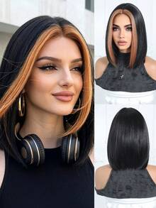 Tóc giả thẳng dáng bob bằng sợi tổng hợp dài 12 inch, màu đen với họa tiết tiền màu nâu nhạt, chịu nhiệt, thích hợp sử dụng hàng ngày, đi làm, đi học, hẹn hò, sinh nhật, Halloween, Giáng sinh, Lễ Tạ ơn, lễ hội âm nhạc, quà tặng phong cách Y2K cho bạn thân, chị gái, mẹ, bạn gái, trông tự nhiên, thoải mái, không cần keo, dễ đội. - màu nâu - Xem 6