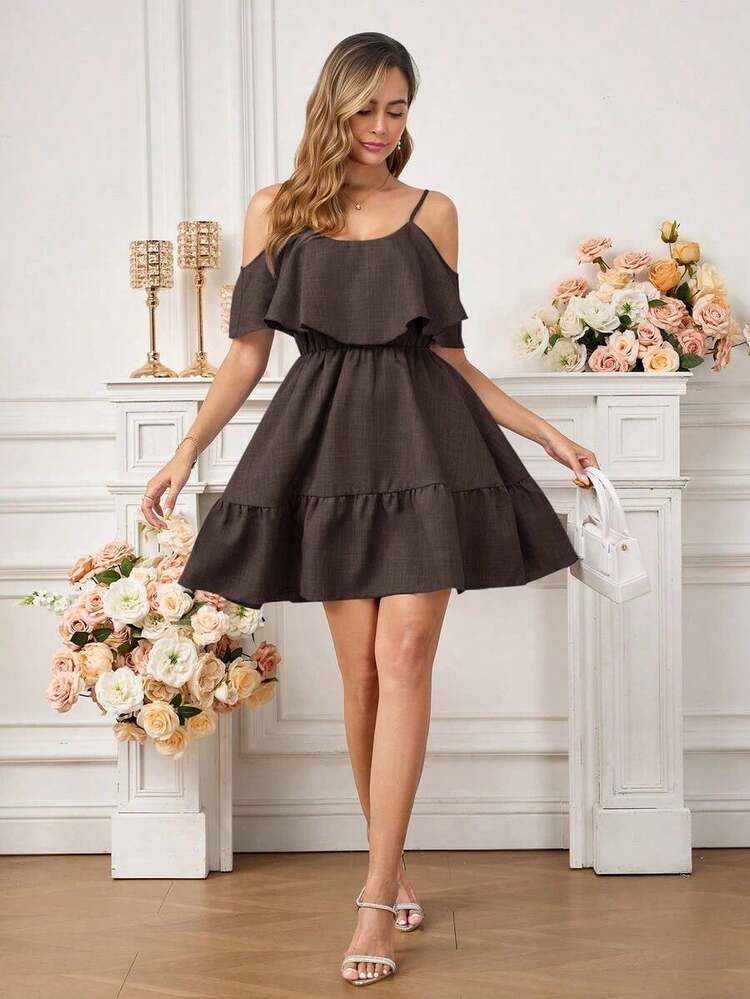 Vestido elegante de moda nuevo para mujeres con escote en el hombro, borde alto y cintura favorecedora, mini vestido ideal para vacaciones, salidas casuales, fiestas, meriendas y talla grande ocasiones de verano - Café integral - Añade 3