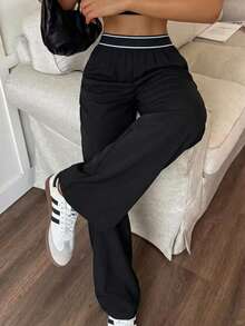 Women Black High Waist Contrast Stripe Waistband Wide Leg Sweatpants, Loose Casual Jogging Trousers With Side Pockets,Summer Lightweight High Waisted Wide Leg Track Pants With Pockets - 黑與白 - 查看 3