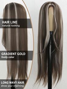 22英吋棕色帶灰色挑染(黑色帶金色挑染)長直髮假髮,中分機製假髮,耐熱纖維材質,日常歐美風時尚假髮,舞台表演假髮 - 彩色 - 查看 6