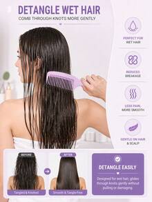 2pcs Oval Hollow Textured Hair Brush Set, Scalp Massage Comb And Wide-Tooth Comb, Anti-Static Wet & Dry Use, Gentle No Pulling, Reduce Breakage And Frizz, Add Volume, Suitable For Curly/Straight/Coarse Hair Women And Girls Daily And Salon Use Portable Brush Set - Multicolor - View 3
