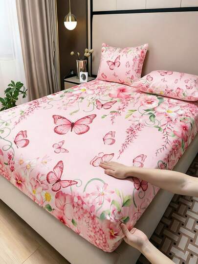 1 chiếc ga trải giường in hình hoa bướm màu hồng, chất liệu mềm mại, thân thiện với da, chống trơn trượt, phù hợp với giường đơn/đôi/cỡ Queen/King, có thể giặt máy, lý tưởng cho trang trí phòng ngủ.