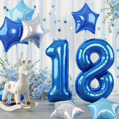 1set Elegant Blue Birthday Balloon Set -40 Inch Navy Blue Digital Mira Balloon With Silver Star Decoration, Suitable For Men's And Women's Parties - Versatile Celebration Decoration For All Seasons, Birthday Balloon, Anniversary, Wedding, Adult Ceremony, Perfect For Birthday Party Decoration Room Decoration Outdoor Photography Props Balloon