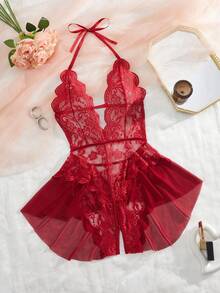 Women's Open Crotch Lace Decorated Backless Halter Neck Sexy Bodysuit With Ruffle Trim - Red - View 7