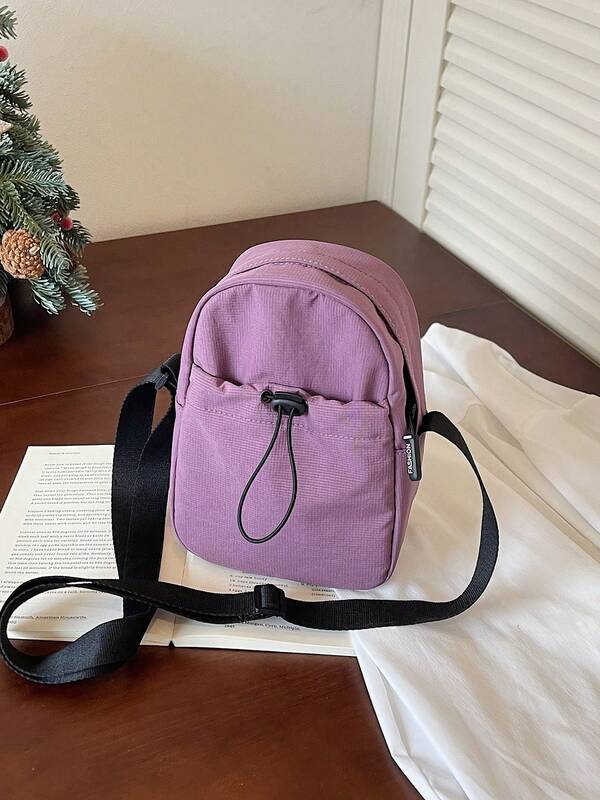 1pc Blue White Plaid Canvas Water Bottle Holder Snap & Drawstring Closure Korean Casual Streetwear Crossbody Bag For Men Women Daily Outings Outdoor
