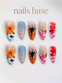 NAILS BASE 10件/組 粉色杏仁形長款法式漸層漸變美甲凝膠假指甲，附玫瑰紅花朵，杏仁形甲片，適合辦公場合的中性華麗風，日式手工製 - 彩色 - 查看 10