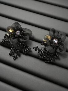 1Pc Delicate Mesh Flower Button Cover & Cufflink Alternative, Detachable Organza Floral Button Clip For Women, Beaded Tassel Shirt/Dress Button Decoration, Elegant Handmade Button Cover For Wedding, Prom, Evening Party, Bride Accessory & Thoughtful Gift - Flowers - View 11