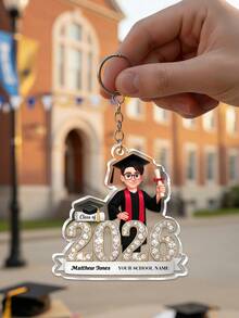 Llavero personalizado de graduación con retrato, nombre, diseño de número de clase 2026 con brillo, personalizable con nombre y personaje de dibujos animados 2D, adecuado para colgar en bolsas, decoración de llaves de coche, recuerdos de fiesta de graduación, regalo de graduación para amigos, hija, hijo - Multicolor 2 - Ver 10