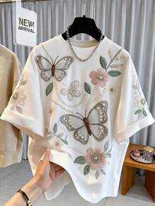 Plus Size Round Neck Short Sleeve T-Shirt, Decorated With Embroidered Butterflies And Floral Pearls - White - View 4