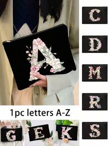 字母 A-Z 花卉印花化妆包，饰以芙蓉花和木槿花图案，送给女孩的礼物，温柔可爱复古简约字母图案印花化妆包，法式浪漫氛围女士化妆包，可重复使用的收纳包，便携式洗漱包，可折叠轻便手拿包，适合个人旅行化妆品收纳，送给她的礼物，老师，母亲，母亲节礼物，教师节礼物，毕业礼物，旅行礼物，复活节礼物，返校礼物。 - 彩色 - 查看 2
