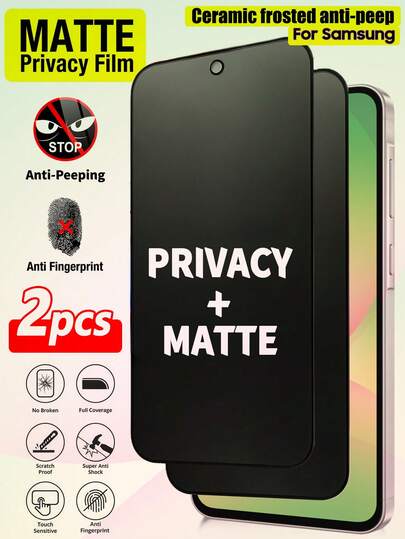 ZYONS 2pcs Matte Privacy Screen Protector Film, Compatible With Galaxy A57 A35 A27 A07 A17 A56 A36 A26 A16 A06 A55 A35 A25 A15 A05 A05S A54 A34 A24 A14 A04 A53 A33 A23 A13 | Made Of TPU Soft Film (Not Tempered Glass Ceramic Film), Anti-Glare Matte, Anti-Fingerprint, Privacy Protection, Anti-Shatter, Phone Case Friendly | Privacy Function Ensures Screen Content Only Visible From The Front, Phone Accessories, Suitable For Smartphones, Protector Phone, Phone Case Friendly, For Phone