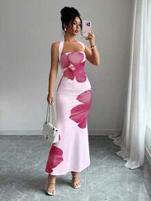 Vestido midi estampado de verano 2025 para mujer, con cuello halter y cintura ajustada. - Púrpura malva - Ver 11