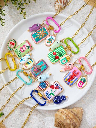 1 Pc Summer Colorful Enamel Carabiner Clasp Pendant Necklace With Charms, Cherry Lobster Palm Tree And Fish Charm Necklaces, 18K Gold Plated Stainless Steel Chain With Interchangeable Charms, Boho Vacation Jewelry For Women