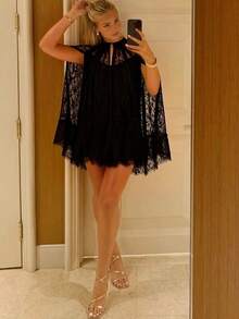 Women Lace Cape Dresses Loose See Through Crew Neck Mini Ruffled Dress For Party Club - Black - View 2