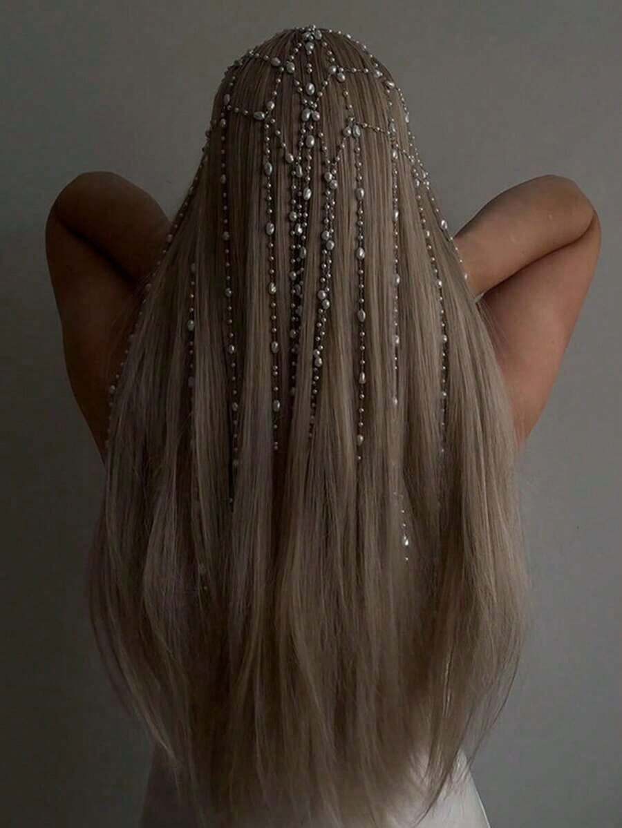 1pc New Stylish Rhinestone Decorated Grid Tassel Headband, Elegant Hairband Accessory For Women, Headpiece, Head Jewelry, Head Chain, Bride To Be, Party, Hair Accessories For Women - Vàng - Xem 1