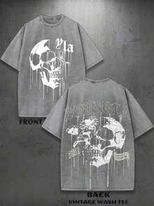 1PC Y2K Vintage Washed T-Shirt | Men's Graphic Tee | YLA Dripping Skull Design Pattern | Gifts For Men Or Boyfriend | 100% Cotton | 230Gsm Thickened Fabric | Unisex - Style 7 - View 1