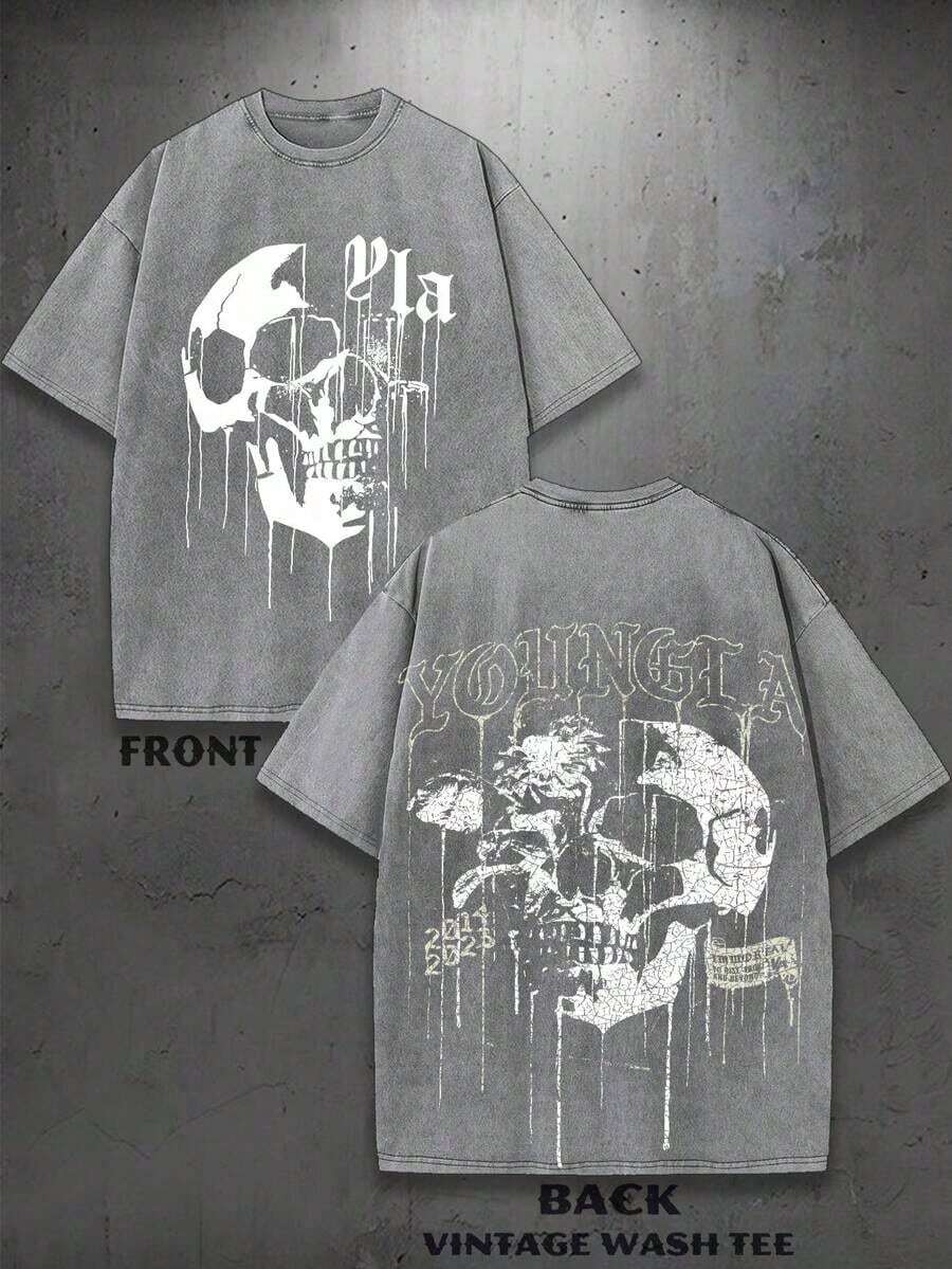1PC Y2K Vintage Washed T-Shirt | Men's Graphic Tee | YLA Dripping Skull Design Pattern | Gifts For Men Or Boyfriend | 100% Cotton | 230Gsm Thickened Fabric | Unisex - Style 7 - View 1
