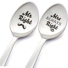 2pcs Stainless Steel Spoons Set, Engraved With "Mr. Right" And "Mrs. Always Right" - Perfect Gift For Couples Anniversary, Christmas, Wedding Or Valentine's Day - Multicolor - View 9