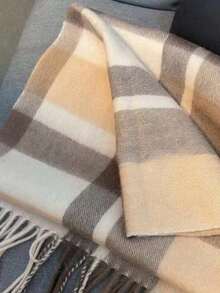 1pc 100% Wool Plaid Scarf, High-Quality Women's Shawl, New Winter Warm Gift,Holiday,Travel Essential - Khaki - View 5