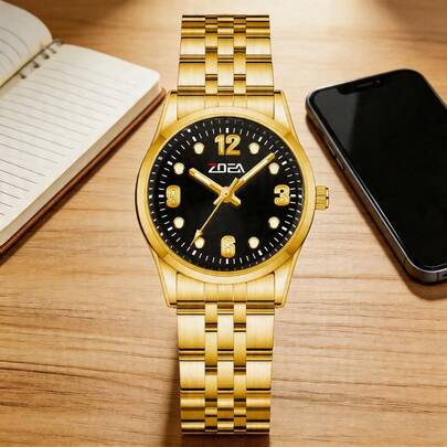 Reloj mujer ZOEA dorado acero inoxidable, esfera negra luminosa, cristal antiarañazos, correa metal regulable, impermeable 30M, reloj elegante diario oficina, accesorio femenino para regalo