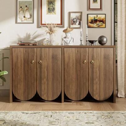 Elegant Walnut Dining Room Cabinet – 147 * 40 * 80 Cm, 4 Cabinet Doors, Adjustable Laminate And Aluminum Handles – Versatile Storage For The Living Room, Dining Room And Hallway
