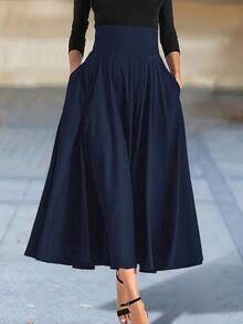 Novedad en vestidos, faldas acampanadas de Color sólido para mujer, ropa, Falda larga de cintura alta elástica para mujer con lazo, faldas elegantes para mujer - Azul - Ver 4