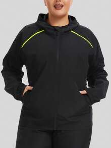 Chaqueta cortavientos e impermeable para mujer de talla grande (1 pieza), cortavientos ligero e impermeable con capucha, mangas largas, bolsillos con cremallera, ideal para deportes. - Negro - Ver 2