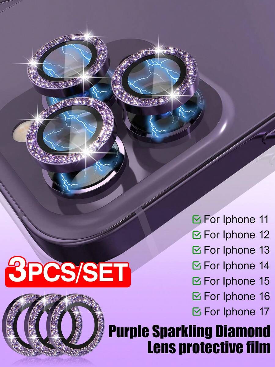 Alloy Sparkling 3pcs Purple Glitter Camera Lens Protector 9H Hardness Tempered Glass With Separate Metal Ring High Definition, Waterproof, Scratch-Resistant, Compatible With Apple 11/12/13/14/15/16/17 Pro Max Series Sparkling, Daily Protection Mother's Day Gift