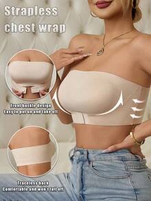 2pcs/Set Front Closure Solid Color Strapless Bandeau Bra With Upgraded Non-Slip Silicone Strips, Comfortable Soft Cup Wireless Bra, Lingerie For Women (Black+Apricot) - 彩色 - 查看 5