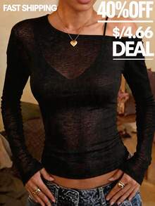 FLEXCHIC 女士透视长袖不对称肩部上衣 - 黑色网纱休闲衬衫，适合海滩、度假、办公室、约会和日常穿着，春季款 - 黑色 - 查看 1