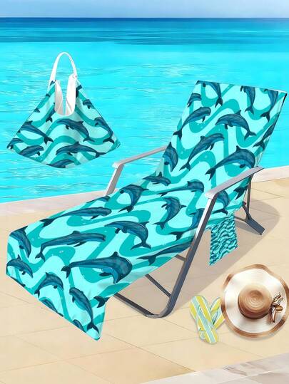 1 chiếc khăn phủ ghế bãi biển bằng polyester với họa tiết cá heo hoạt hình và nền xanh bạc hà, khăn ghế thư giãn nhanh khô có túi bên hông, thích hợp cho bãi biển, tiệc bể bơi, tắm nắng, kỳ nghỉ hè và các hoạt động ngoài trời.