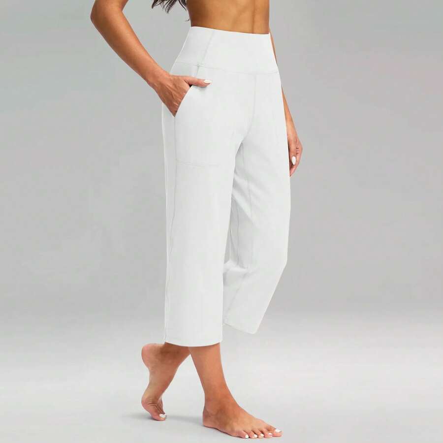 Pantalones elásticos de cintura alta 3/4 para mujer, pantalones capri informales de ajuste activo, pantalones con bolsillos, pantalones deportivos informales de color sólido - Blanco - Ver 1