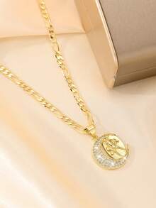 1pc 14K Gold Plated Copper Vintage Religious Personalized Cross Figaro Chain Necklace, Exquisitely Crafted With Superior Quality, Blending Sacred Elements With Fashion Design, Specially Made For Catholic First Communion And Baptism Gifts, Suitable For Various Occasions, Conveying Faith And Beauty - Yellow Gold - View 3