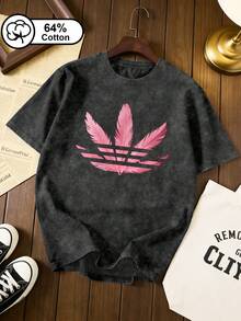 夏季女式T恤，适合日常休闲穿着，粉色羽毛印花，复古水洗圆领女式休闲上衣，图案T恤。黑色 - 黑色 - 查看 1