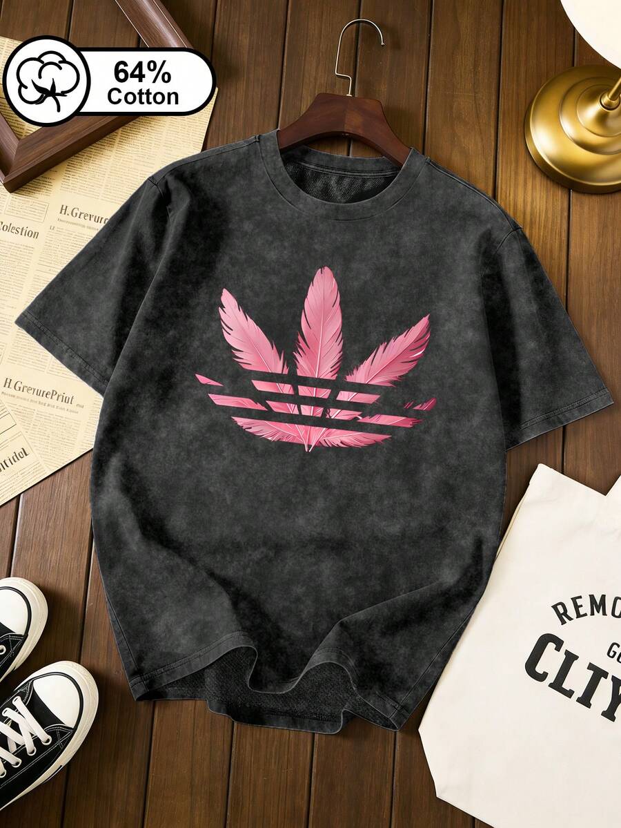 夏季女式T恤，适合日常休闲穿着，粉色羽毛印花，复古水洗圆领女式休闲上衣，图案T恤。黑色 - 黑色 - 查看 1