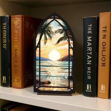 Figura coleccionable plana 2D, con la característica de una estatua de un hito de una biblioteca con una puesta de sol marina soñadora, ideal para decorar estanterías. Esta acogedora casa de libros iluminada es un gran regalo de inauguración de casa o Navidad para amantes de los libros - 1PC - Ver 1