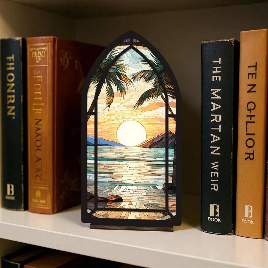 Figura coleccionable plana 2D, con la característica de una estatua de un hito de una biblioteca con una puesta de sol marina soñadora, ideal para decorar estanterías. Esta acogedora casa de libros iluminada es un gran regalo de inauguración de casa o Navidad para amantes de los libros - 1PC - Ver 1