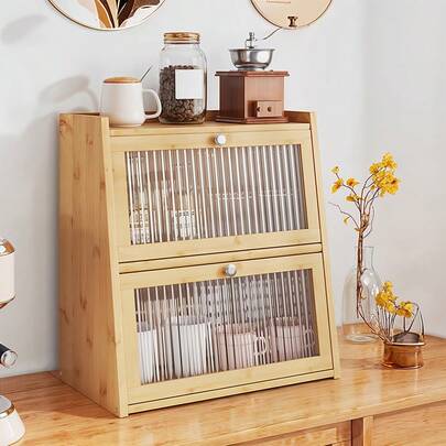LIVINGANDHOME Natural Wood/Brown Bamboo Bread Storage Cabinet With 2/3 Tiers, Stable Trapezoidal Structure, Clear Acrylic Flap Door With Handle, Raised Edge Anti-Fall Design, Smooth Easy-Clean Surface, Compact Space-Saving Organizer For Kitchen Counter, Dining Room & Home Storage